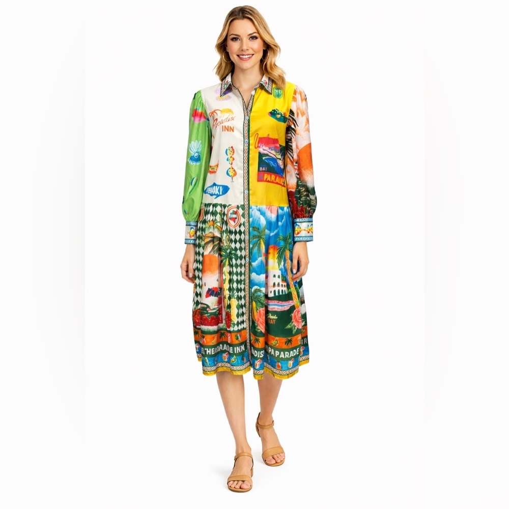 Paradise sz L multi colored vacation resort beach shirt dress